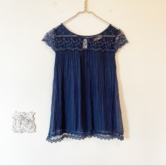 Carli Conti Tops - Carla Conti Silk Embroidered Lace Navy Top S